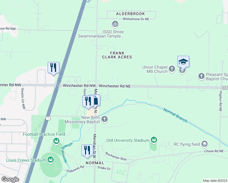 map of restaurants, bars, coffee shops, grocery stores, and more near 198 Winchester Road Northeast in Huntsville