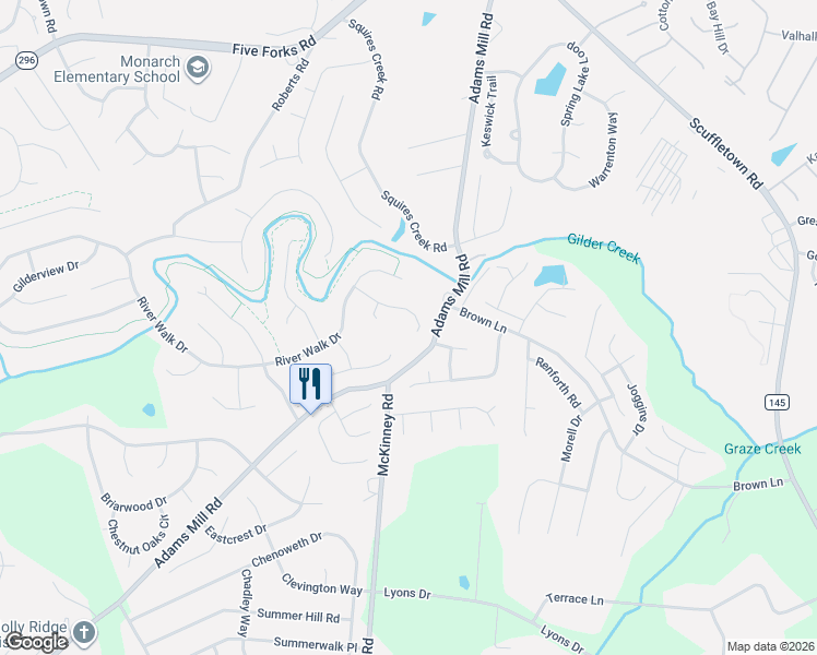 map of restaurants, bars, coffee shops, grocery stores, and more near 104 Maple Brook Court in Simpsonville