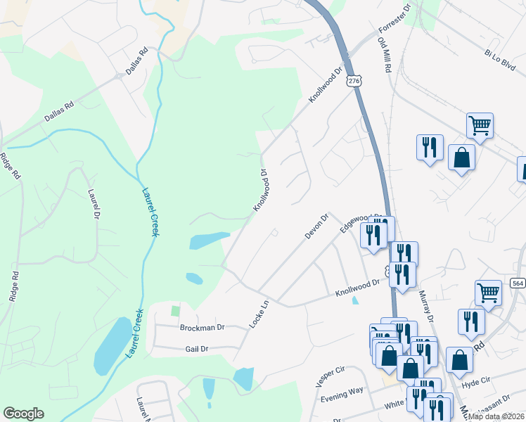 map of restaurants, bars, coffee shops, grocery stores, and more near 806 Knollwood Drive in Greenville