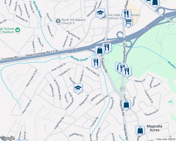 map of restaurants, bars, coffee shops, grocery stores, and more near 20 Woodmede Way in Greenville
