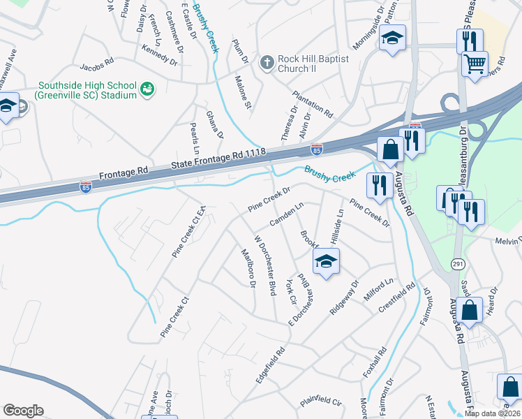 map of restaurants, bars, coffee shops, grocery stores, and more near 704 Pine Creek Drive in Greenville