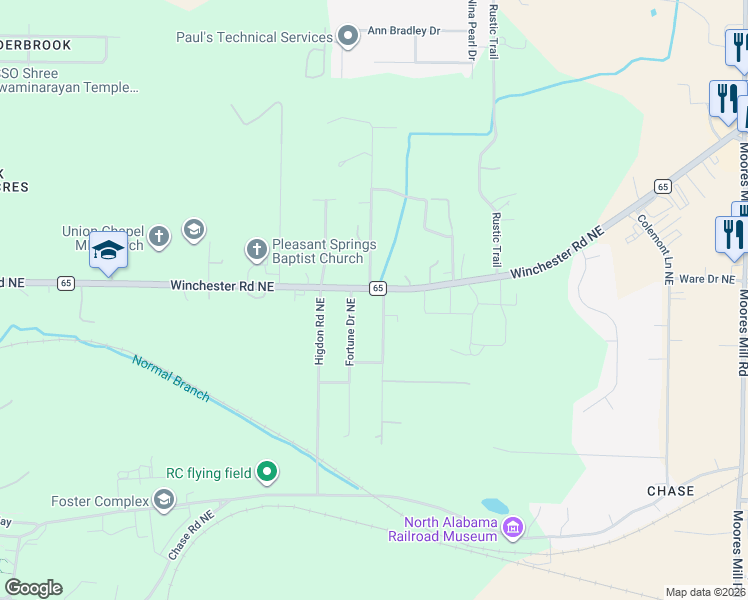 map of restaurants, bars, coffee shops, grocery stores, and more near 5906 Columbian Lane Northeast in Huntsville
