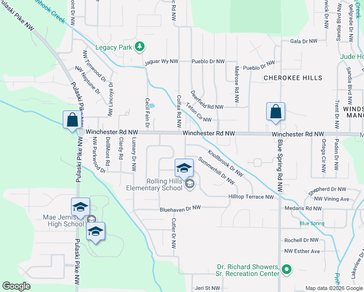 map of restaurants, bars, coffee shops, grocery stores, and more near 5016 Rolling Hills Drive Northwest in Huntsville