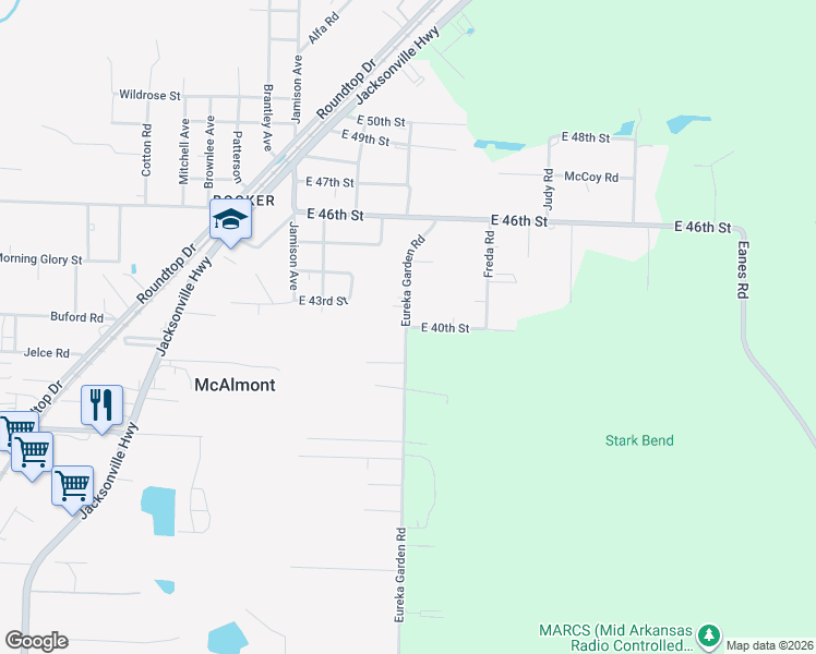 map of restaurants, bars, coffee shops, grocery stores, and more near 1909 Eureka Garden Road in North Little Rock