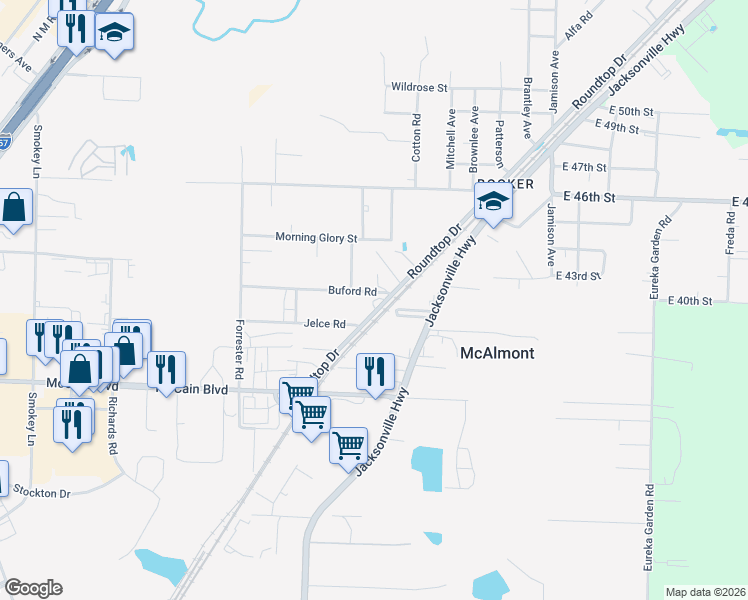 map of restaurants, bars, coffee shops, grocery stores, and more near 5415 Buford Road in North Little Rock