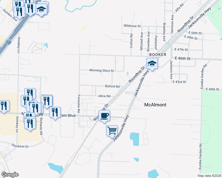 map of restaurants, bars, coffee shops, grocery stores, and more near 5210 Buford Road in North Little Rock