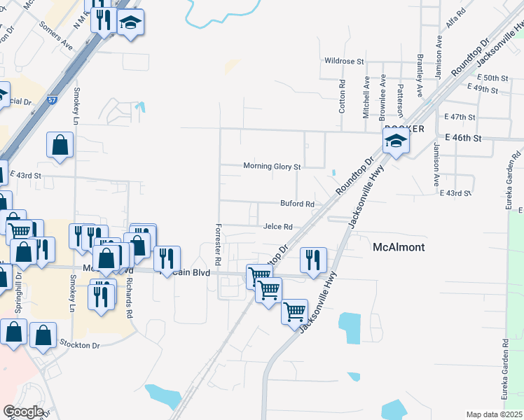 map of restaurants, bars, coffee shops, grocery stores, and more near 5201 Buford Road in North Little Rock