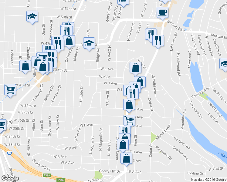 map of restaurants, bars, coffee shops, grocery stores, and more near 219 West I Avenue in North Little Rock