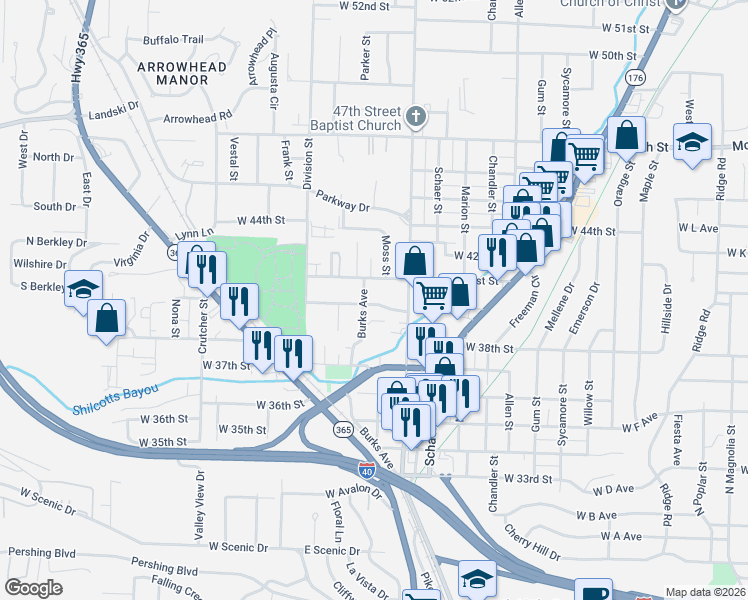map of restaurants, bars, coffee shops, grocery stores, and more near 1300 West 41st Street in North Little Rock