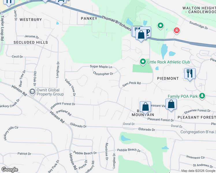 map of restaurants, bars, coffee shops, grocery stores, and more near 11 Shadywood Court in Little Rock