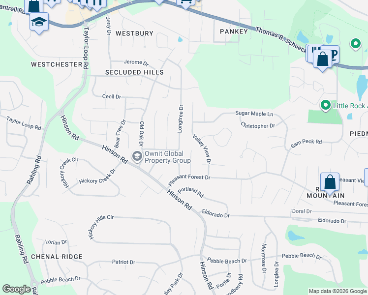 map of restaurants, bars, coffee shops, grocery stores, and more near 14101 Longtree Drive in Little Rock