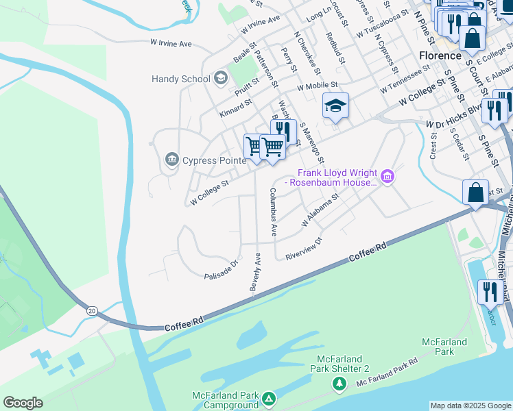 map of restaurants, bars, coffee shops, grocery stores, and more near 321 Beverly Avenue in Florence