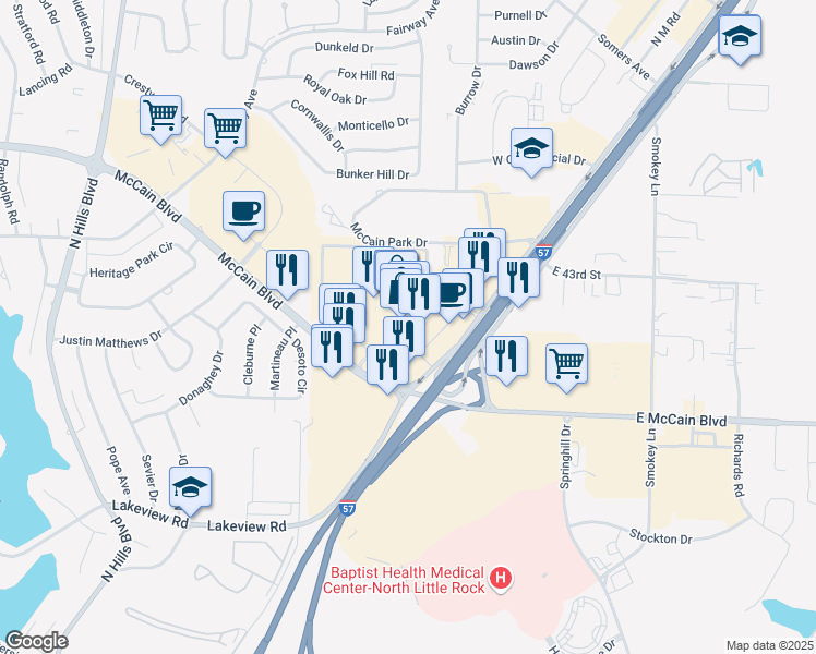 map of restaurants, bars, coffee shops, grocery stores, and more near 3929 McCain Boulevard in North Little Rock