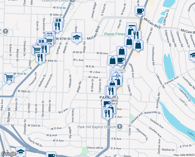 map of restaurants, bars, coffee shops, grocery stores, and more near 304 West I Avenue in North Little Rock