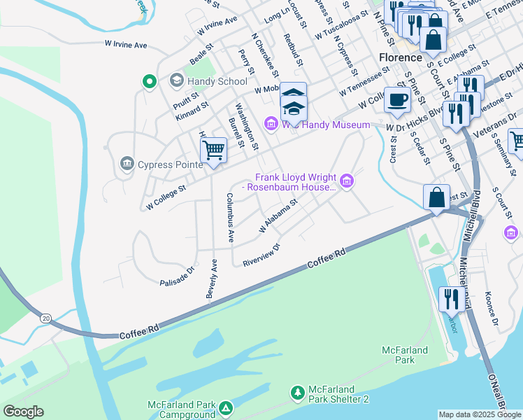 map of restaurants, bars, coffee shops, grocery stores, and more near 345 Lindenberg Avenue in Florence