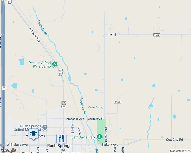 map of restaurants, bars, coffee shops, grocery stores, and more near 4150 County Street 2830 in Rush Springs