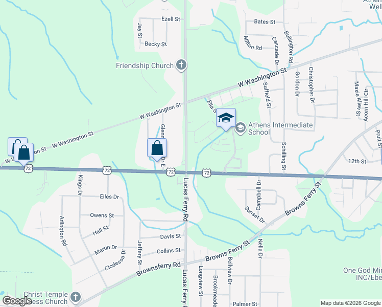 map of restaurants, bars, coffee shops, grocery stores, and more near 16088 Lucas Ferry Road in Athens