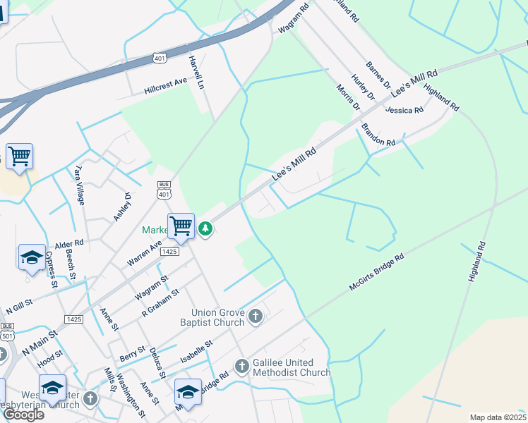 map of restaurants, bars, coffee shops, grocery stores, and more near 16060 Appaloosa Court in Laurinburg
