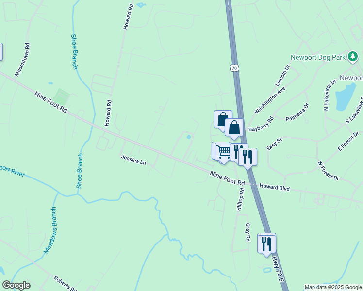 map of restaurants, bars, coffee shops, grocery stores, and more near Sanderson Rd in Newport
