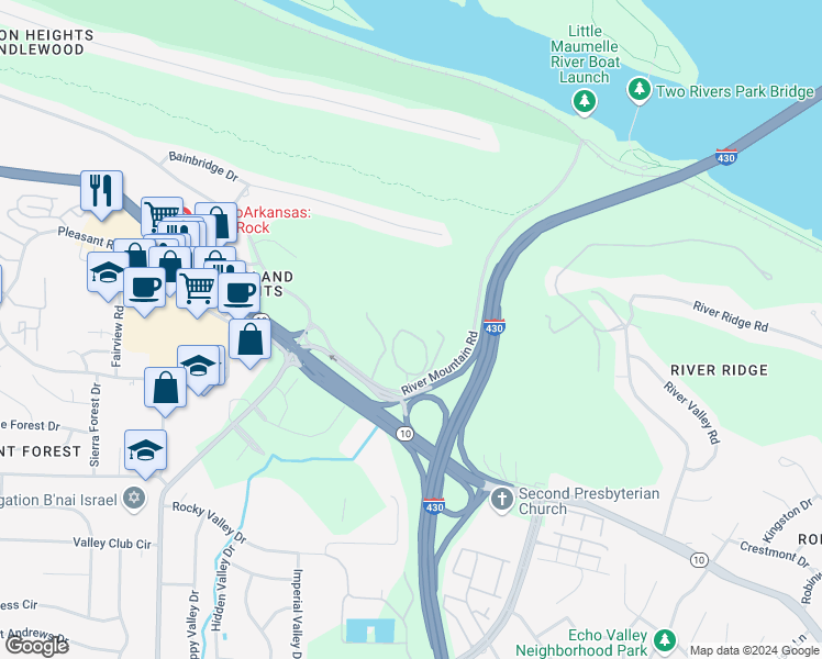 map of restaurants, bars, coffee shops, grocery stores, and more near 1406 Cantrell Road in Little Rock