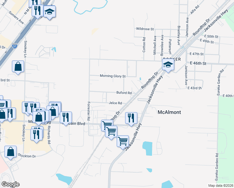 map of restaurants, bars, coffee shops, grocery stores, and more near 5210 Buford Road in North Little Rock