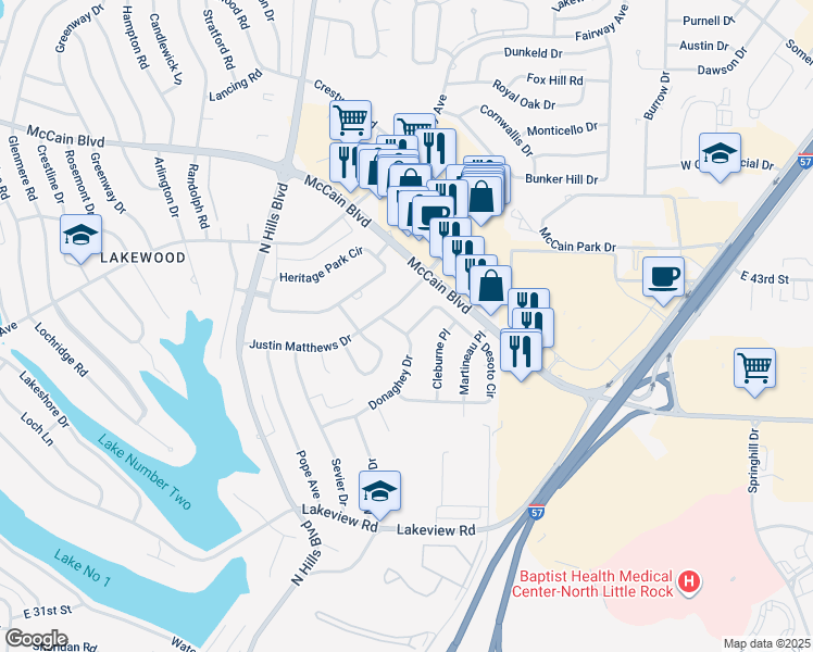 map of restaurants, bars, coffee shops, grocery stores, and more near 3100 Donaghey Drive in North Little Rock