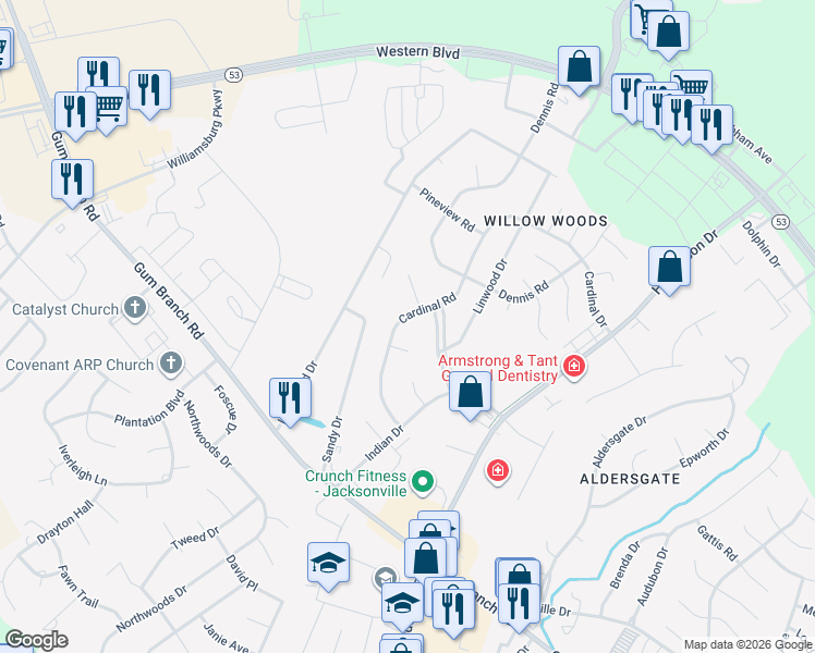 map of restaurants, bars, coffee shops, grocery stores, and more near 138 Cardinal Road in Jacksonville