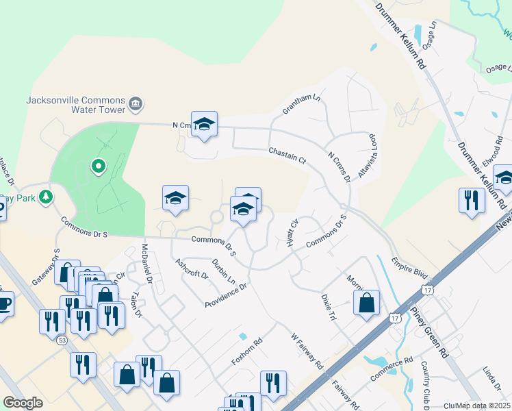 map of restaurants, bars, coffee shops, grocery stores, and more near 365 Commons Drive South in Jacksonville