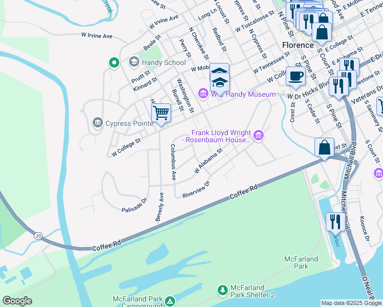 map of restaurants, bars, coffee shops, grocery stores, and more near 345 Lindenberg Avenue in Florence