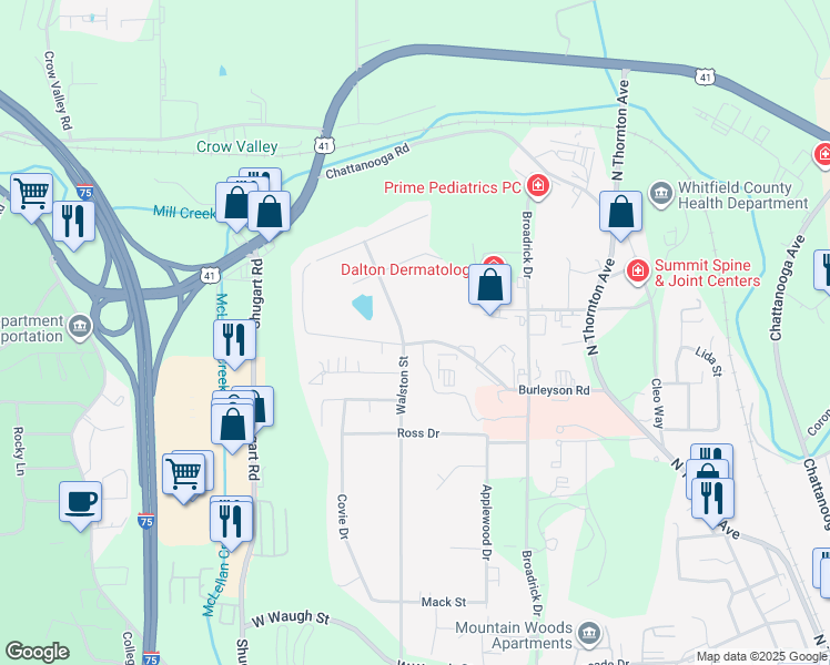 map of restaurants, bars, coffee shops, grocery stores, and more near 1230 Moice Drive in Dalton