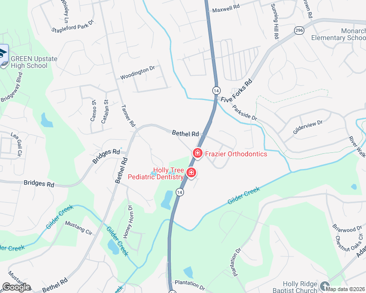 map of restaurants, bars, coffee shops, grocery stores, and more near 3210 Bethel Road in Simpsonville