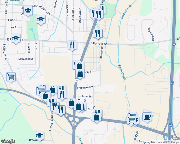 map of restaurants, bars, coffee shops, grocery stores, and more near 1402 Armory Street in Athens
