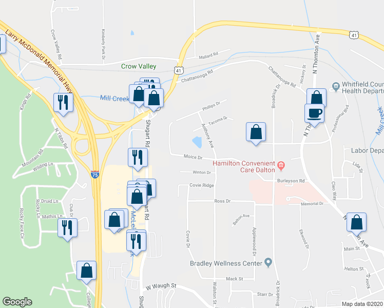 map of restaurants, bars, coffee shops, grocery stores, and more near 1306 Moice Drive in Dalton