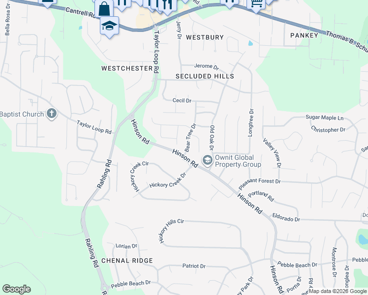 map of restaurants, bars, coffee shops, grocery stores, and more near 4110 Bear Tree Drive in Little Rock