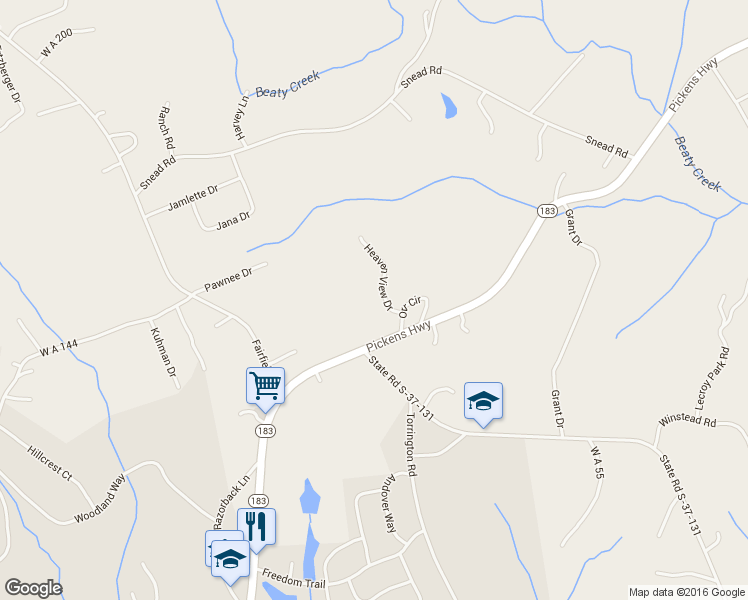 map of restaurants, bars, coffee shops, grocery stores, and more near 203 Heaven View Drive in Walhalla