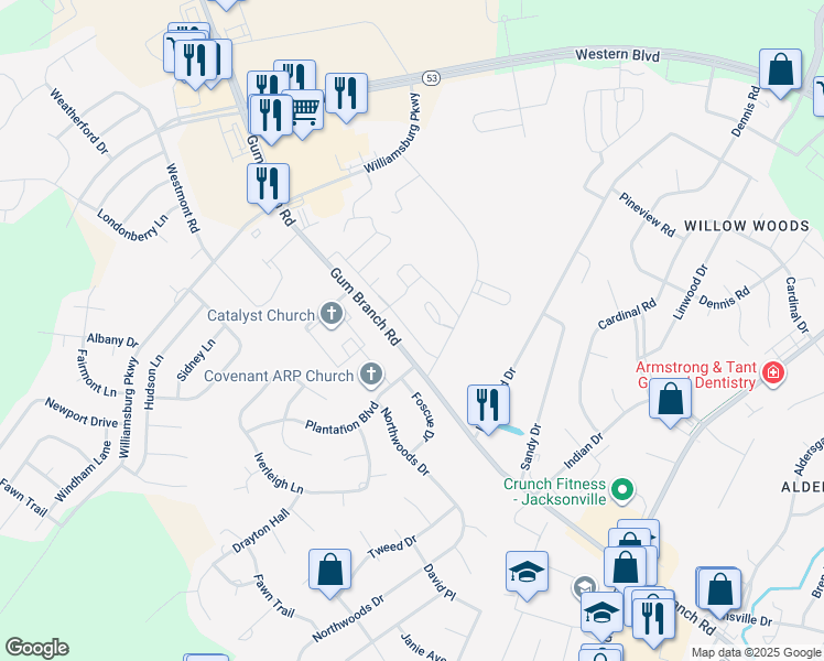 map of restaurants, bars, coffee shops, grocery stores, and more near 100 Progress Way in Jacksonville