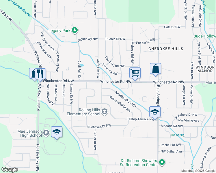map of restaurants, bars, coffee shops, grocery stores, and more near 4052 Knollbrook Drive Northwest in Huntsville