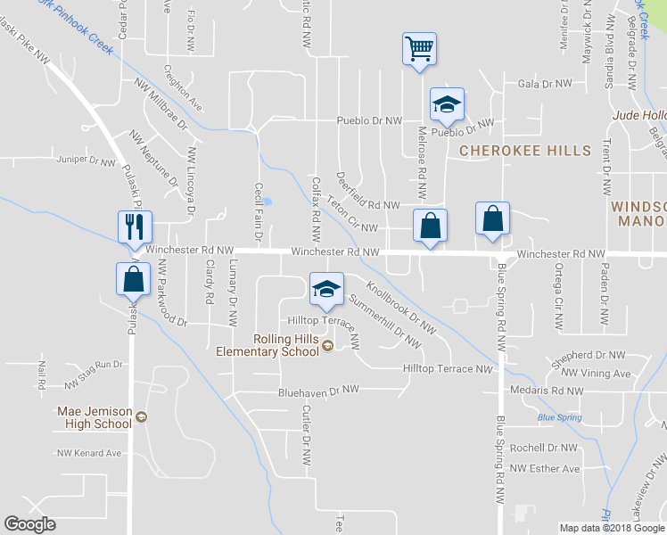 map of restaurants, bars, coffee shops, grocery stores, and more near 5016 Rolling Hills Drive Northwest in Huntsville