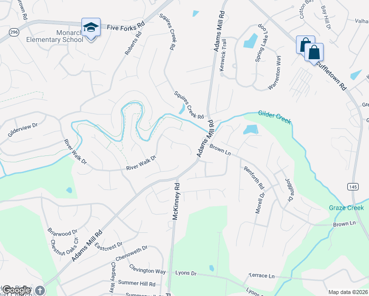 map of restaurants, bars, coffee shops, grocery stores, and more near 104 Maple Brook Court in Simpsonville