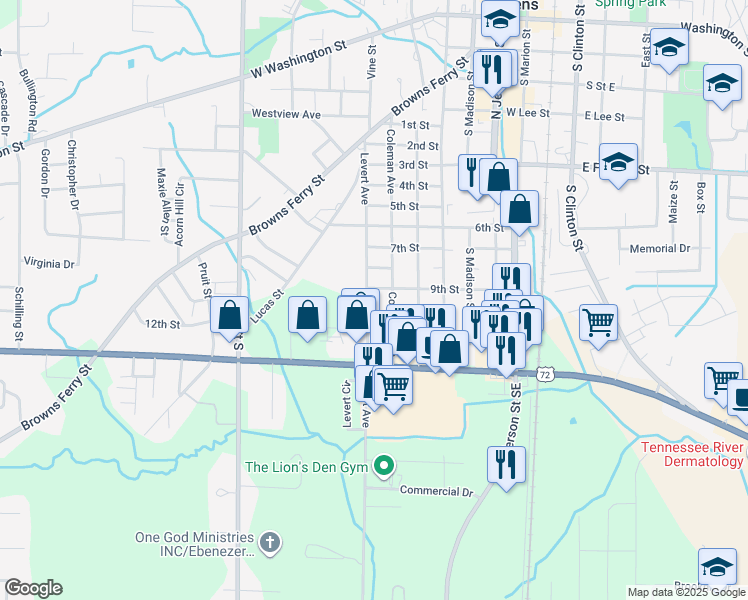 map of restaurants, bars, coffee shops, grocery stores, and more near 1401 Levert Ave in Athens