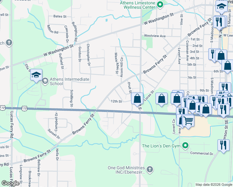 map of restaurants, bars, coffee shops, grocery stores, and more near 1004 Highland Street in Athens
