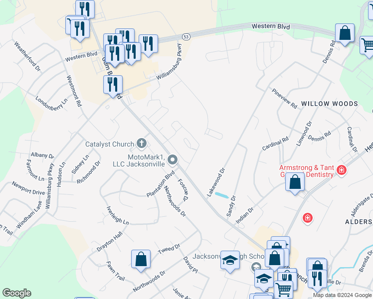 map of restaurants, bars, coffee shops, grocery stores, and more near 400 Phoenix Park Drive in Jacksonville
