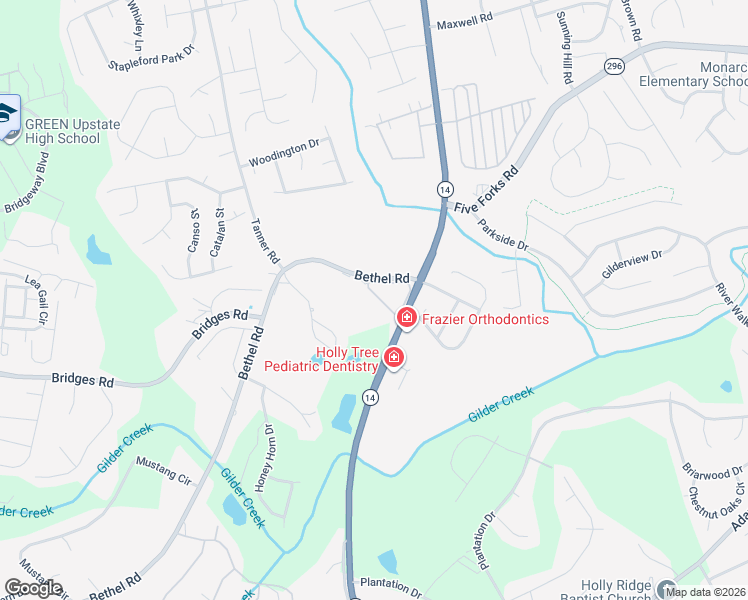 map of restaurants, bars, coffee shops, grocery stores, and more near 3210 Bethel Road in Simpsonville