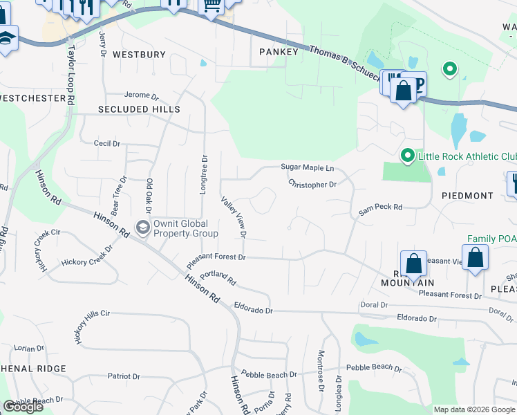 map of restaurants, bars, coffee shops, grocery stores, and more near 43 Chimney Sweep Lane in Little Rock
