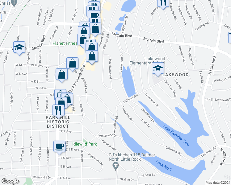 map of restaurants, bars, coffee shops, grocery stores, and more near 4007 Lakeview Road in North Little Rock