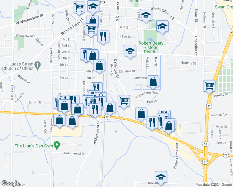 map of restaurants, bars, coffee shops, grocery stores, and more near 710 South Clinton Street in Athens