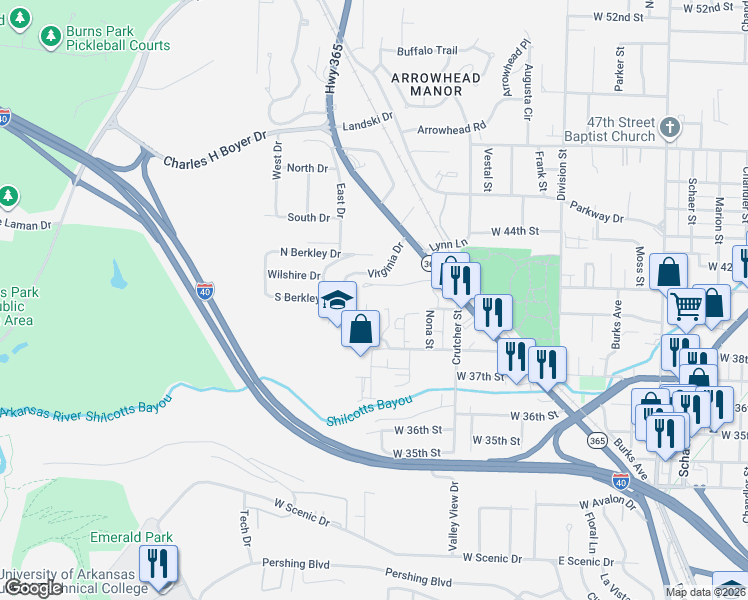 map of restaurants, bars, coffee shops, grocery stores, and more near 3912 Susan Circle in North Little Rock