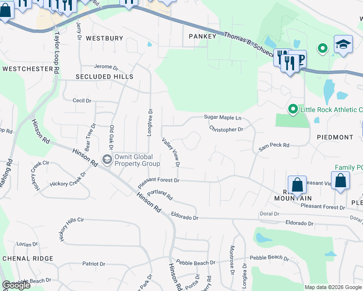 map of restaurants, bars, coffee shops, grocery stores, and more near 43 Chimney Sweep Lane in Little Rock