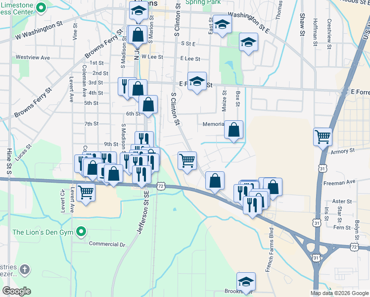 map of restaurants, bars, coffee shops, grocery stores, and more near 710 South Clinton Street in Athens