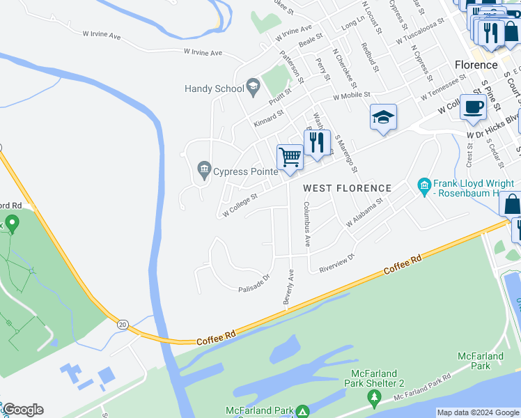 map of restaurants, bars, coffee shops, grocery stores, and more near 1103 Ridgeway Street in Florence